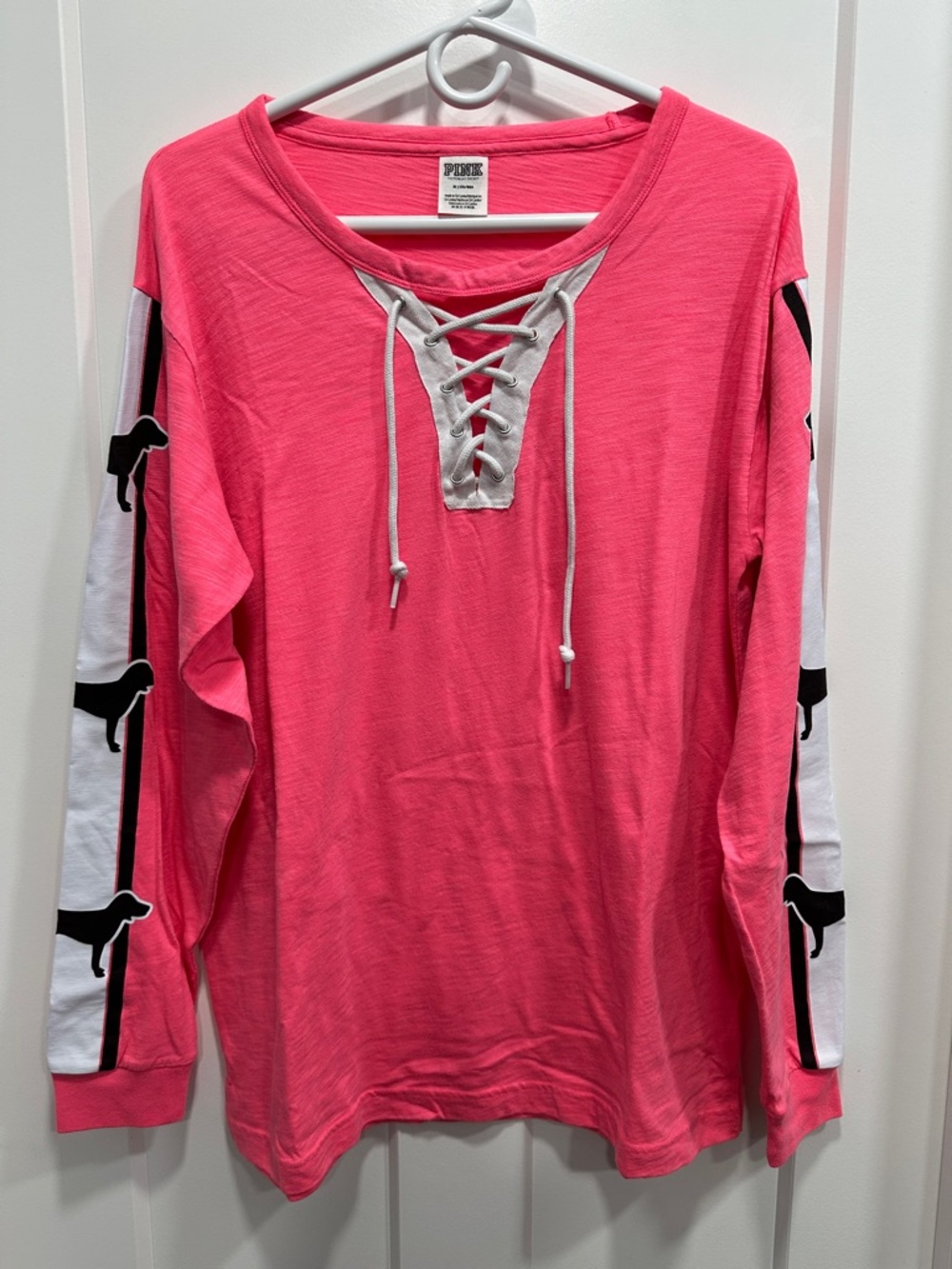 RARE PINK Victoria's Secret Long Sleeve Tee with Lace-Up Neckline-Size Medium